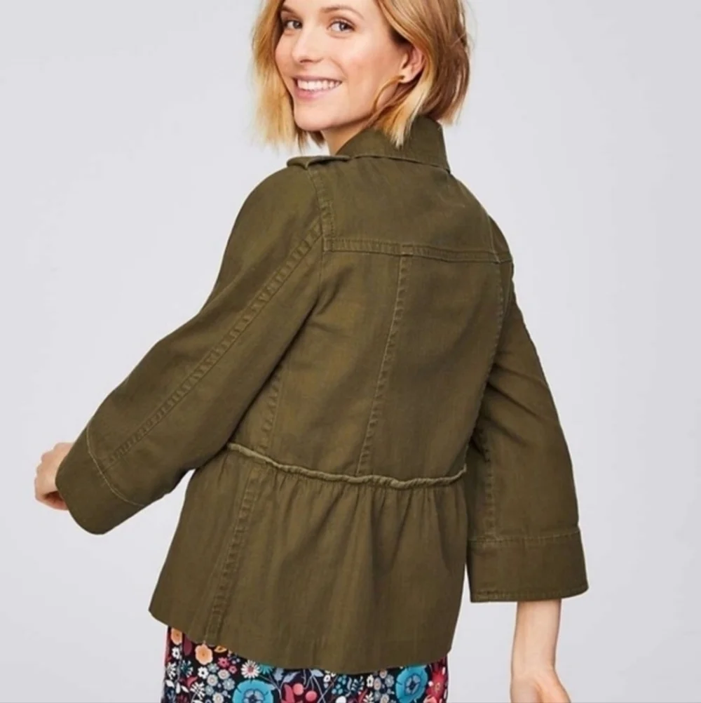 LOFT Peplum Army Green Fall Layering Jacket Women's Small S 100% Cotton Cute EUC